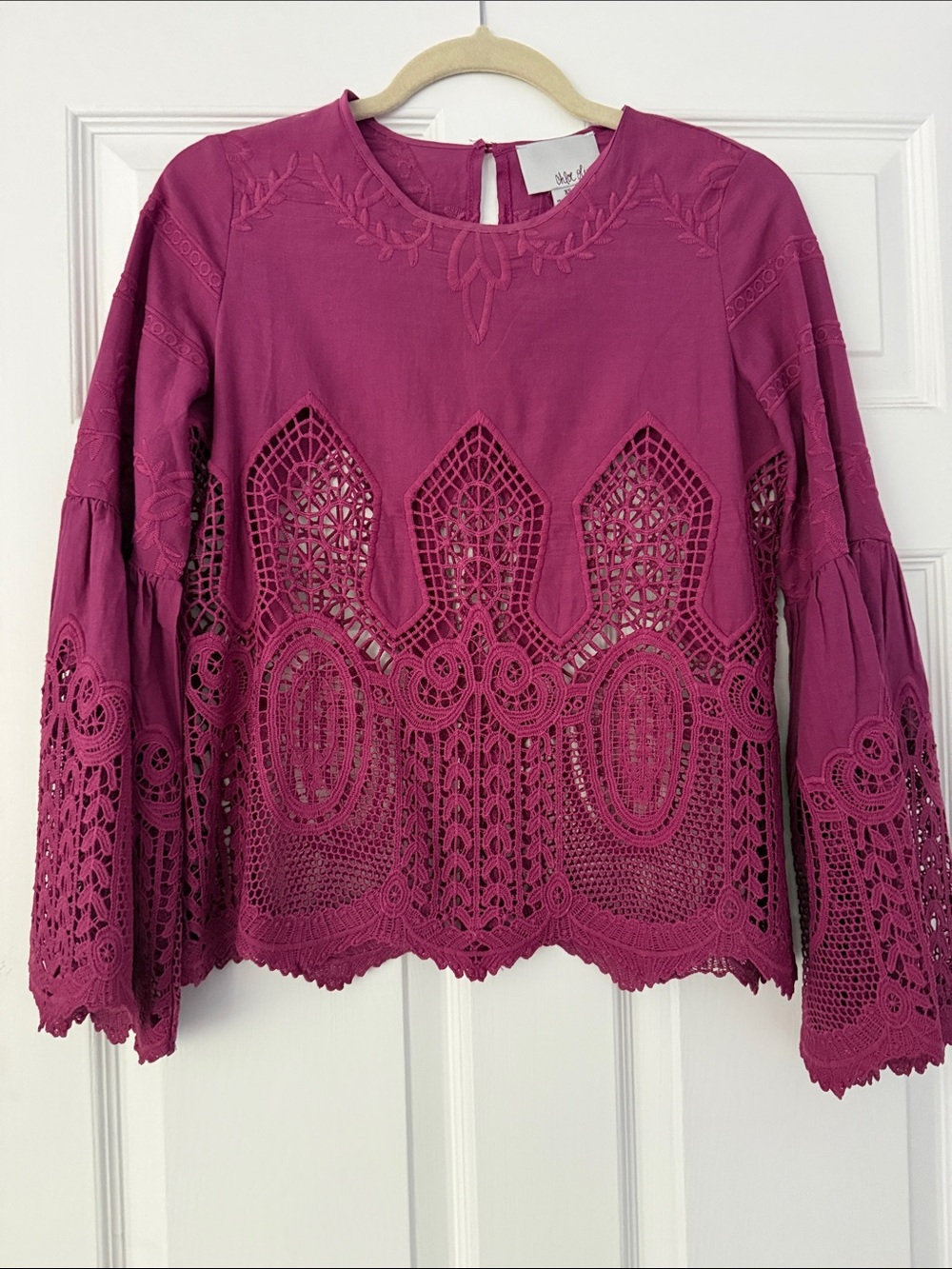Embroidered Crochet Detail Peasant Top - Fuchsia from Anthropologie